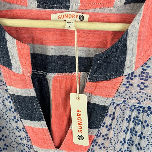 SUNDRY Coral Pink Blue Grey Colorblock Stitch Geo-Stripe Tunic Top NEW - Picture 8 of 11